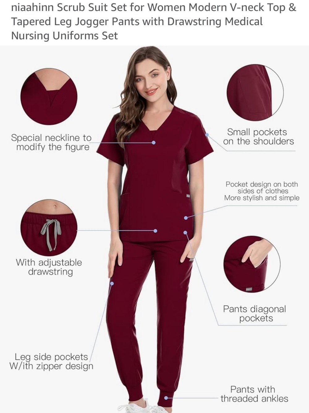 Niaahinn Women's V-Neck Scrub Top & Jogger Pants Set - Burgundy NWOT - Picture 5 of 6